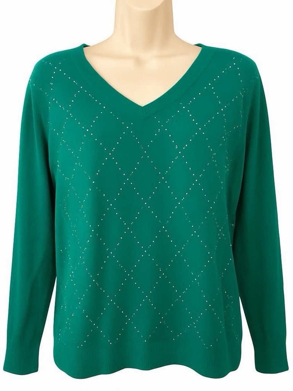 TOMMY HILFIGER STUDS GREEN V NECK CARDIGAN SWEATER WOMEN SIZE XL ARGYLE